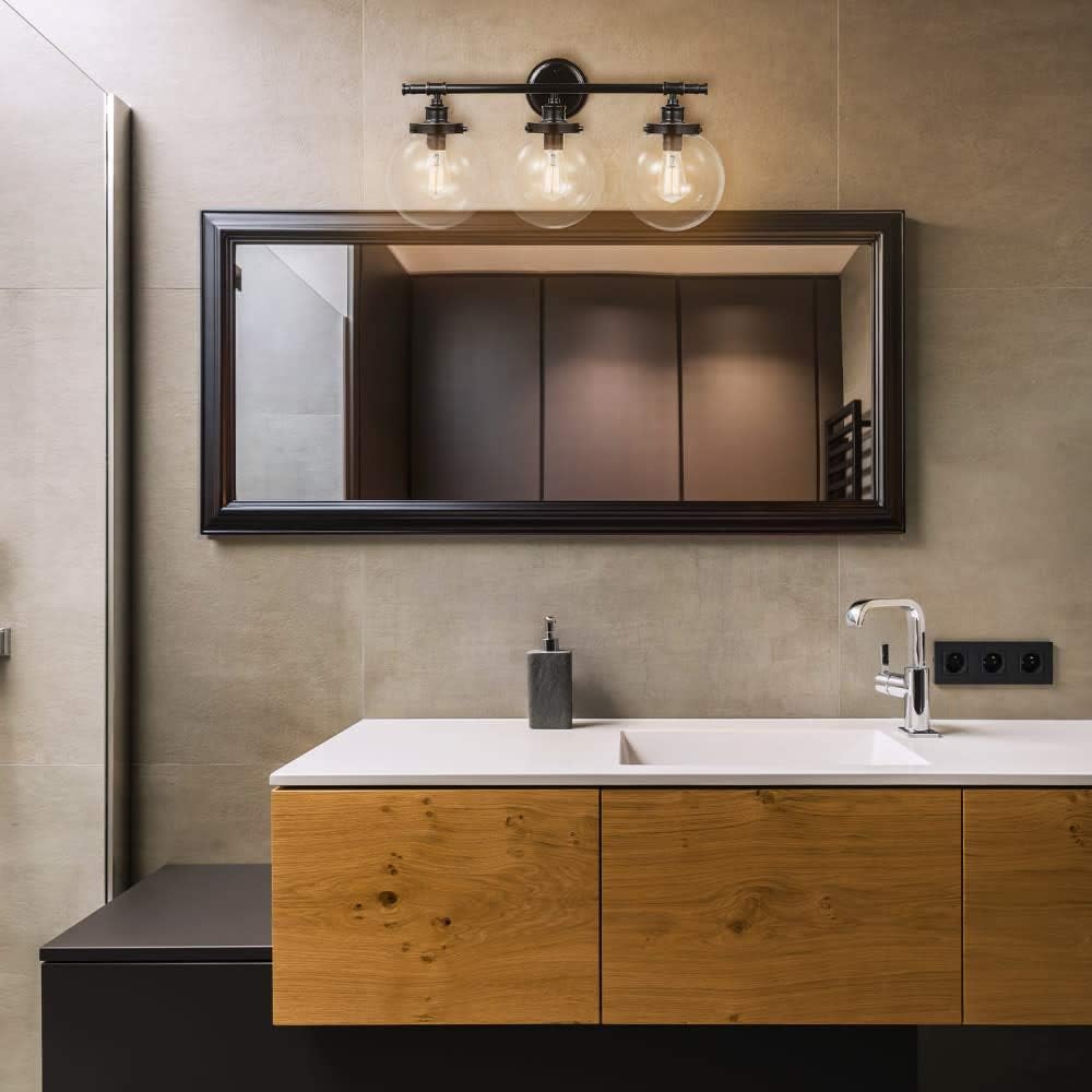 Globe Electric 51523 5-Piece All-in-One Bathroom Set, Oil Rubbed Bronze, 3-Light Vanity Light & Bulbs, Glass Shades, Towel Bar, Toilet Paper Holder, Towel Ring, Robe Hook, Bathroom Lights Over Mirror