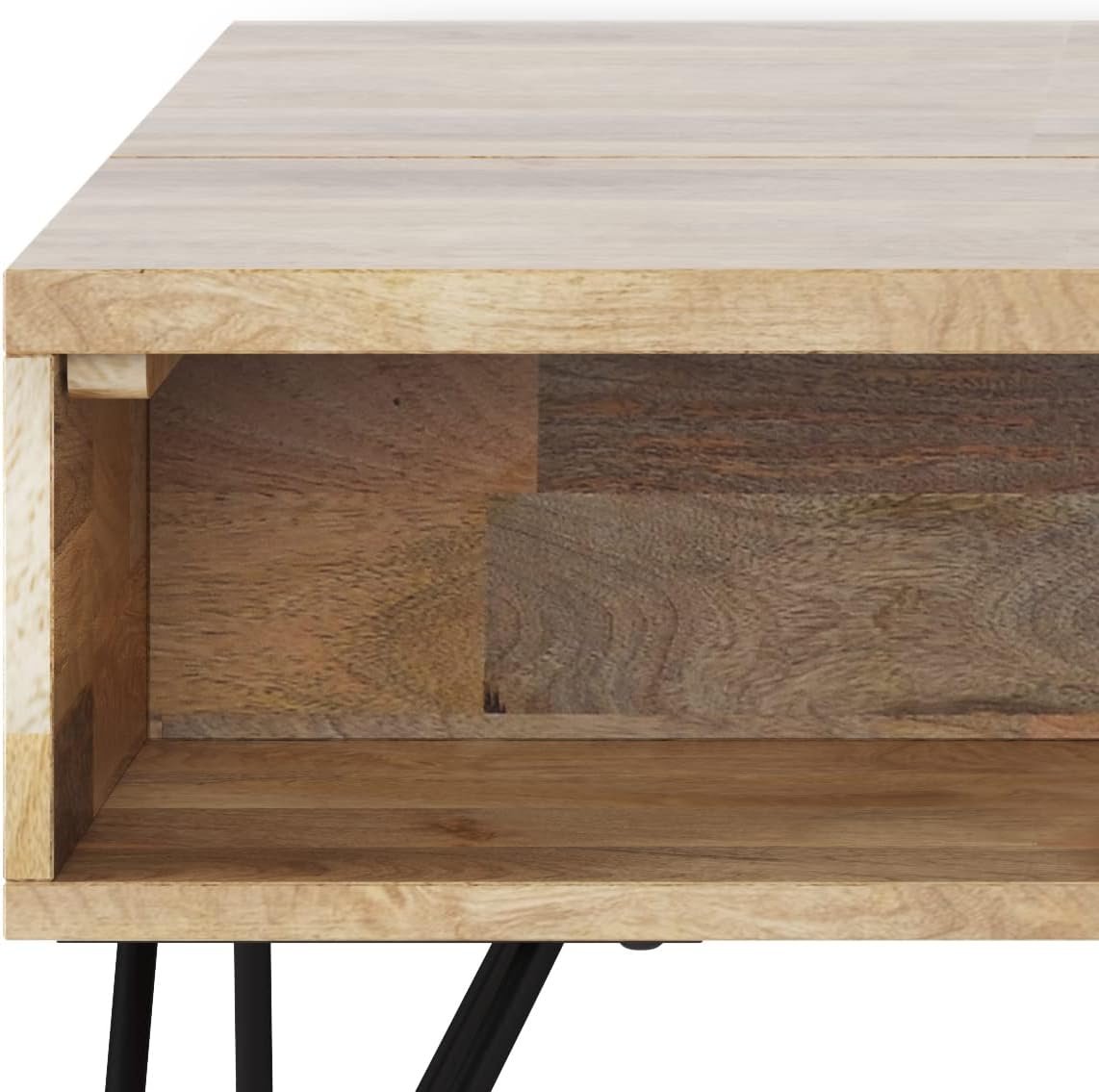 SIMPLIHOME Hunter Small Lift Top Coffee Table - 36 inch Wide Solid Mango Wood and Metal Industrial Cocktail Table in Natural, Living Room Table with Hidden Storage, 2 Cubbies, and Hairpin Legs