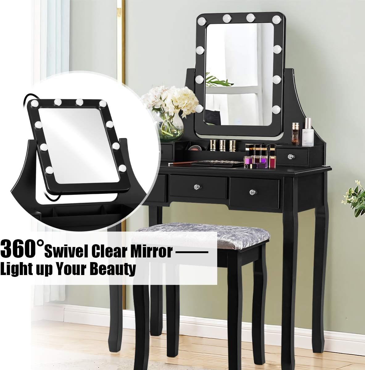 CHARMAID LED Vanity Desk with Lighted Mirror, 10 Dimming Bulbs, 5 Drawers, 3 Storage Organizers, Makeup Vanity Desk with Stool, Bedroom Dressing Table, Gift for Girls Women (Black)