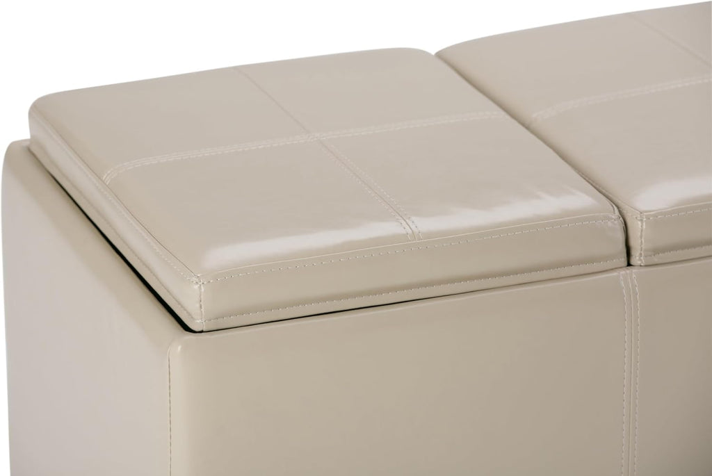 SIMPLIHOME Avalon Storage Ottoman - 42 inch Wide Upholstered Vegan Leather Rectangular Flip-Top Ottoman in Satin Cream, Contemporary Coffee Table Ottoman for Living Room with Hidden Storage