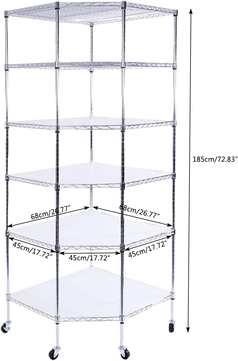 6 Tiers Polygonal Corner Shelf, Metal Storage Standing Rack w/Wheels, Wire Shelving Unit for Kitchen, Garage and Living Room (Silver)