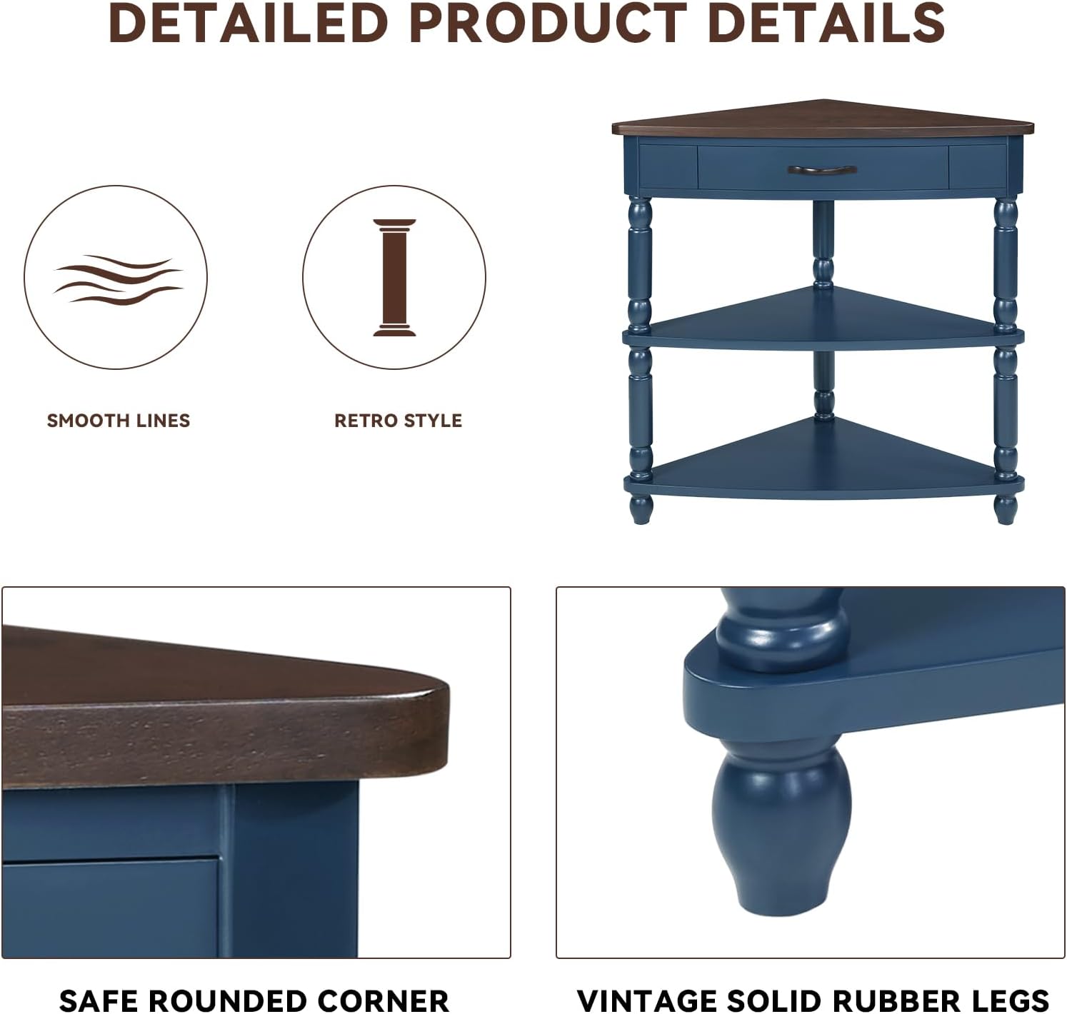 33.86' Corner Table, Wood 3 Tier Triangle Side Table Corner Shelf Stand with Solid Wood Legs 1 Drawer & 2 Storage Shelves for Living Room Small Space (Navy Blue)