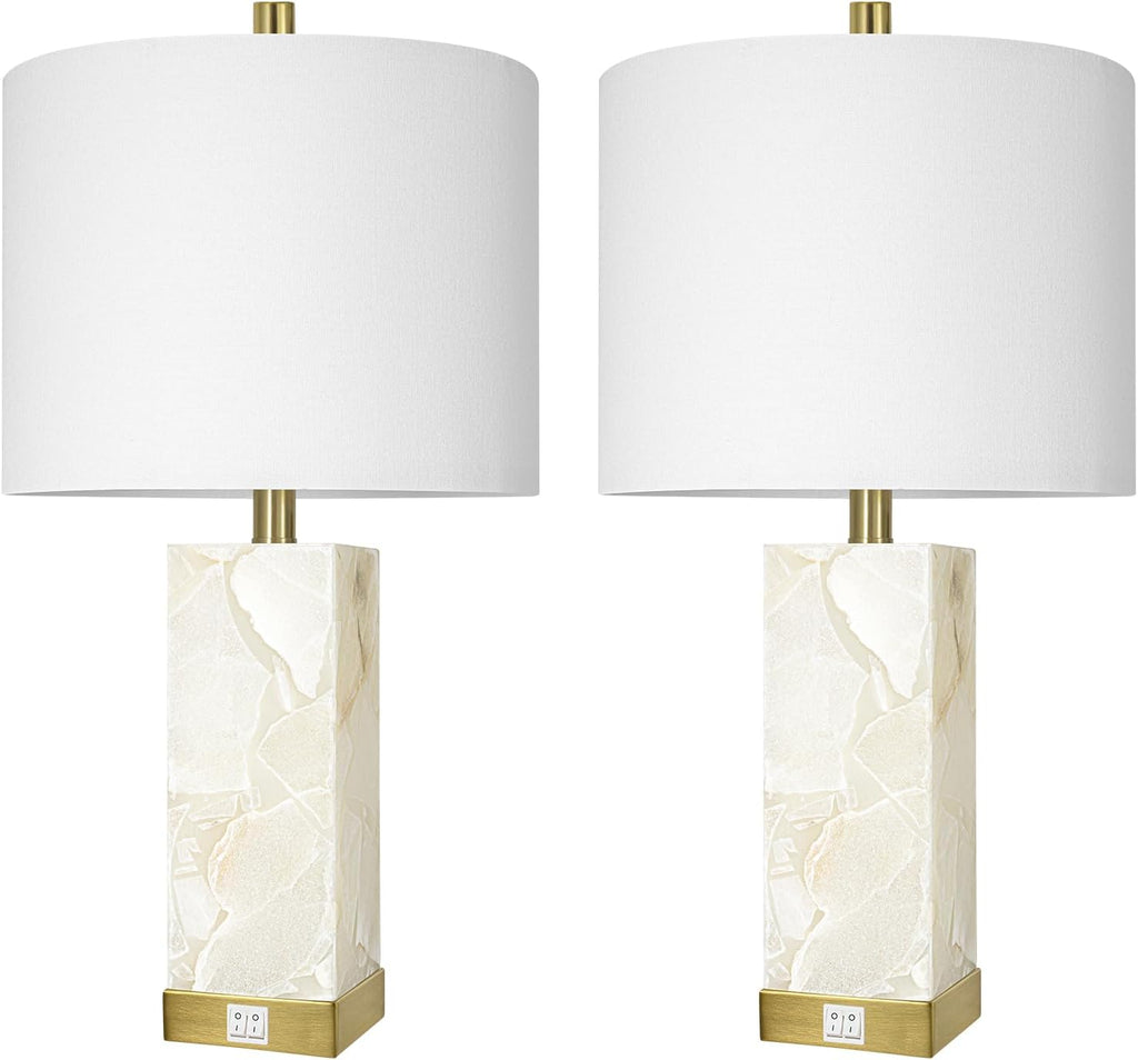 Scenekoy 23' Alabaster Table Lamps Set of 2 for Living Room Bedroom, Bedside Lamps with USB A+C Ports, Modern Table Lamp with Linen Shade for Living Room Bedroom Nightstand (Bulbs Included)