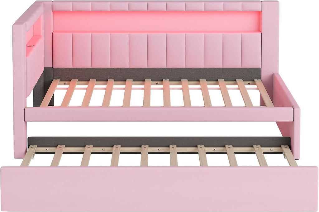 L-Shaped Upholstered Daybed with Trundle and USB Ports & LED,Day Bed with Storage Shelves Headboard,Sleeper Sofa Couch for Living Room-Twin Size,Pink