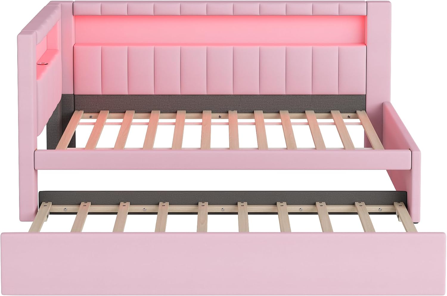 L-Shaped Upholstered Daybed with Trundle and USB Ports & LED,Day Bed with Storage Shelves Headboard,Sleeper Sofa Couch for Living Room-Twin Size,Pink
