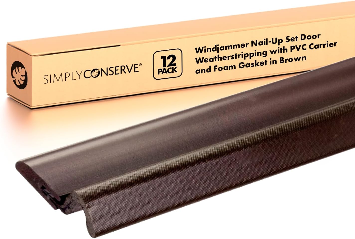 Simply Conserve Windjammer Nail-Up Set Door Weatherstripping with PVC Carrier and Foam Gasket in Brown DS060W-B | Paintable Door Draft Stopper for Sides and Top | Foam Weather Stripping Door Seal