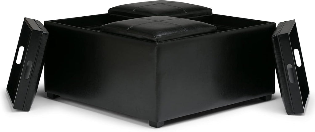 SIMPLIHOME Avalon Wide Contemporary Square Coffee Table Storage Ottoman, Midnight Black, Table Ottoman