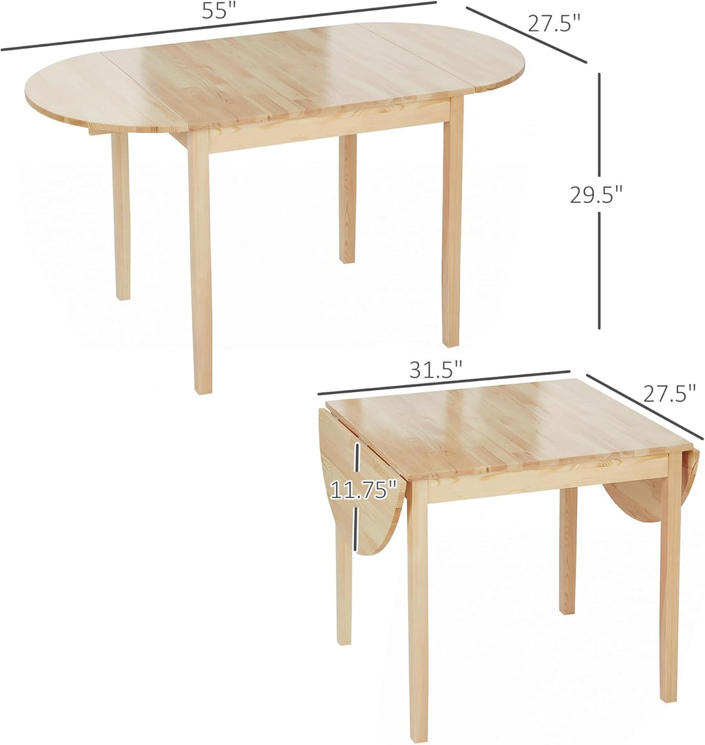HOMCOM 55' Solid Wood Kitchen Table for 4-6 People, Oval Drop Leaf Tables for Small Spaces, Folding Dining Table, Natural