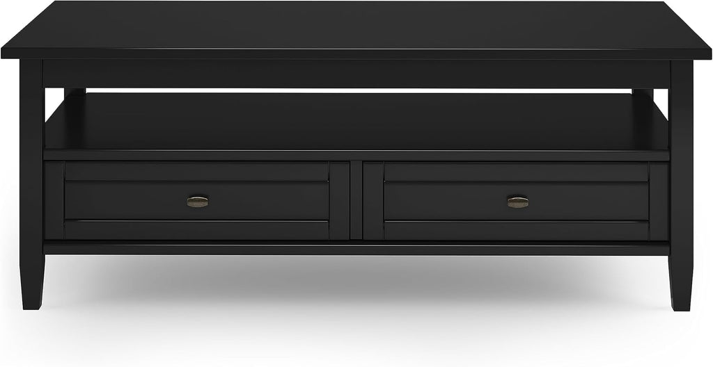 SIMPLIHOME Warm Shaker Coffee Table - 48 inch Wide Solid Wood Coffee Table in Black, Transitional Living Room Table with 2 Drawers, Open Shelf, Shaker Fronts and Tapered Legs