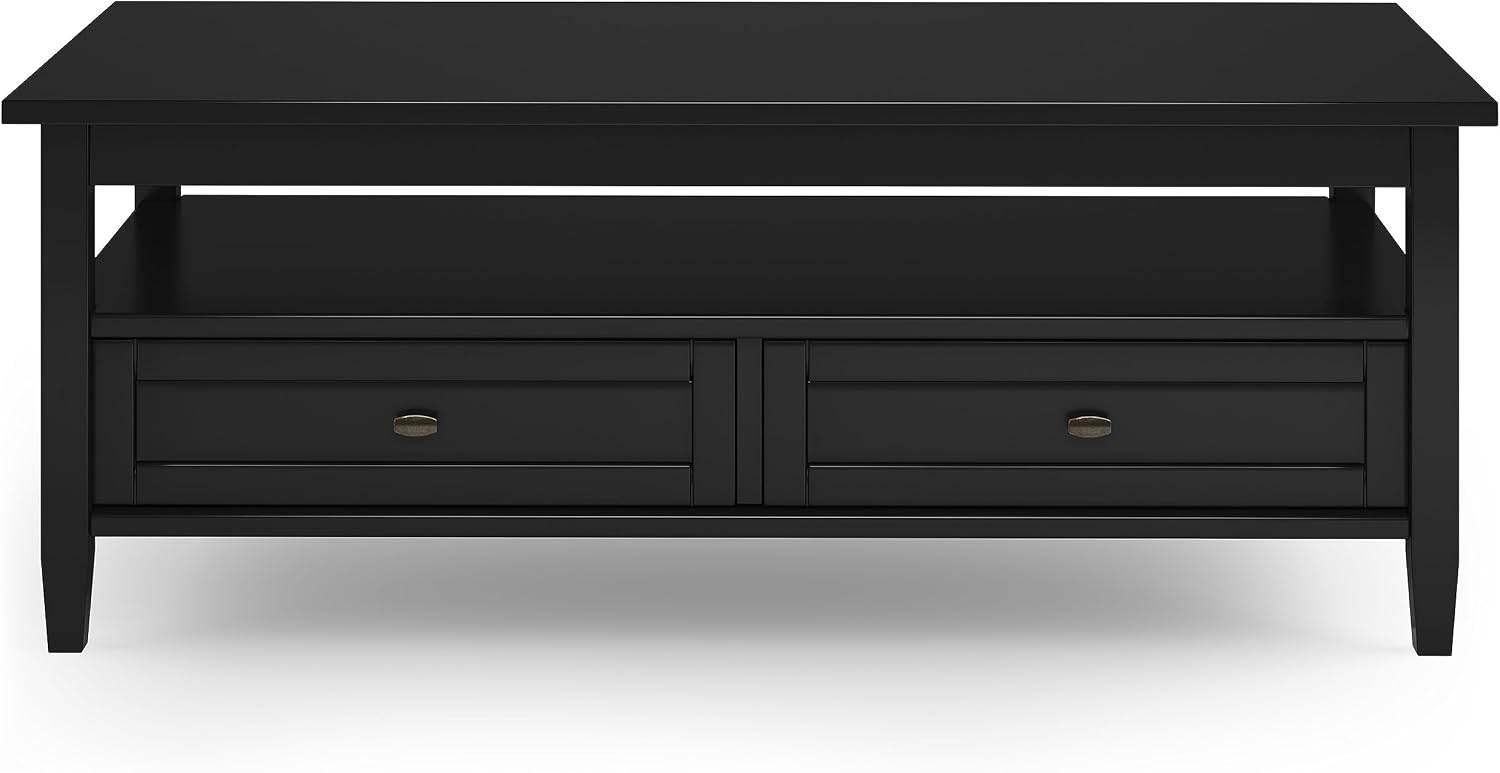 SIMPLIHOME Warm Shaker Coffee Table - 48 inch Wide Solid Wood Coffee Table in Black, Transitional Living Room Table with 2 Drawers, Open Shelf, Shaker Fronts and Tapered Legs