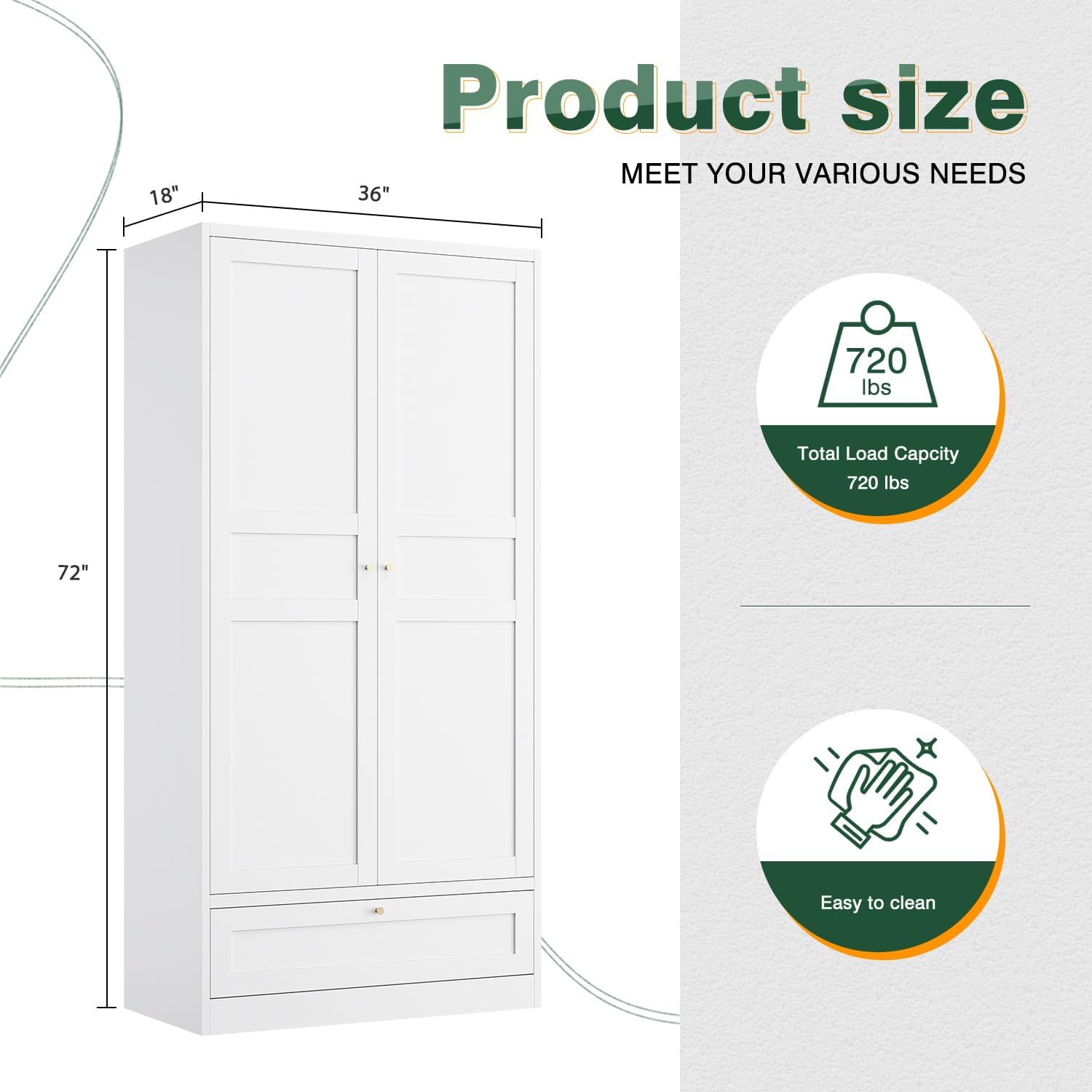 Letaya Wardrobe Closet,72' H Clothing Metal Storage Cabinet with Storage Drawer Adjustable Shelves and Hanging Rod,Bedroom Armoire Cabinet Clothes Organizer (White)