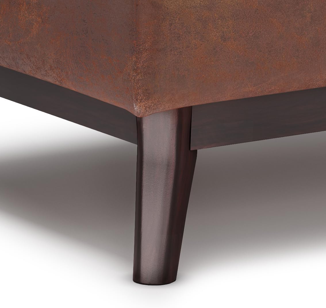 SIMPLIHOME Owen Tray Top Small Coffee Table Storage Ottoman - 34 inch Wide Upholstered Vegan Leather Rectangular Flip-Top Ottoman in Distressed Saddle Brown, Mid-Century Modern Ottoman for Living Room