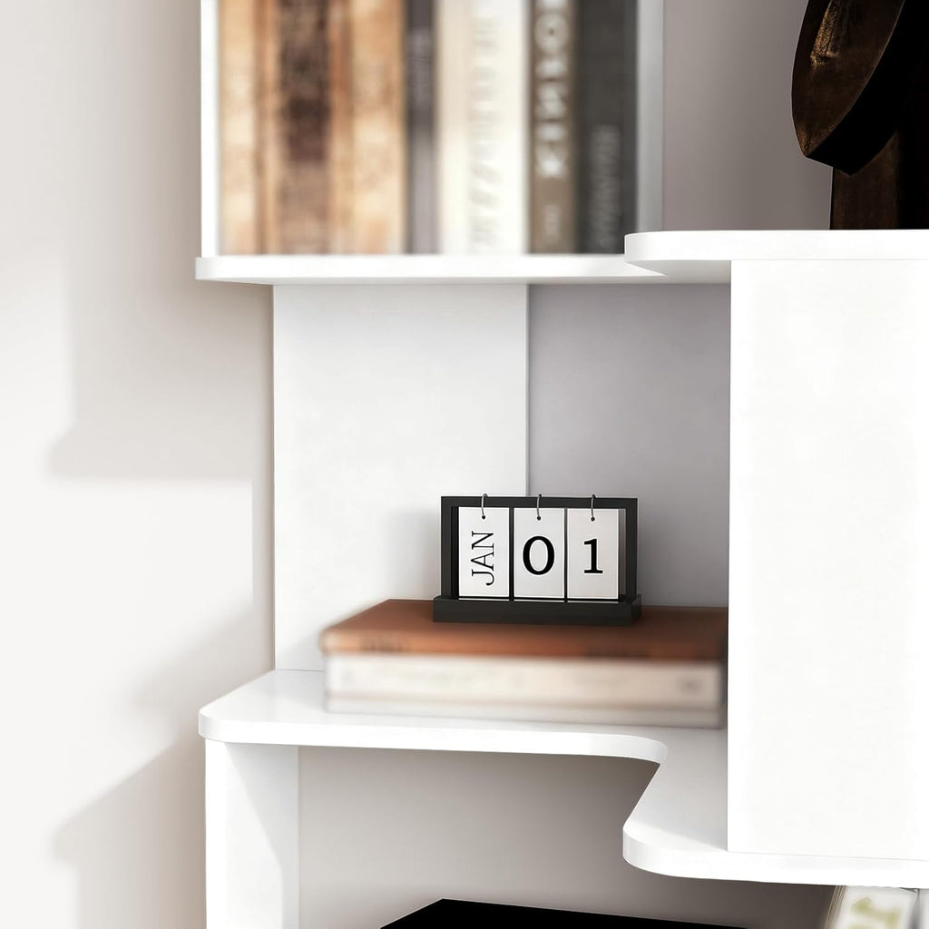 Corner Bookshelf with Drawers,66.9' L Shaped Tall Bookshelf and Bookcase,5 Tier Corner Bookcase with Storage Display Shelf Stand for Home Office, Study,Living Room, Bedroom (White-Corner Bookshelf)