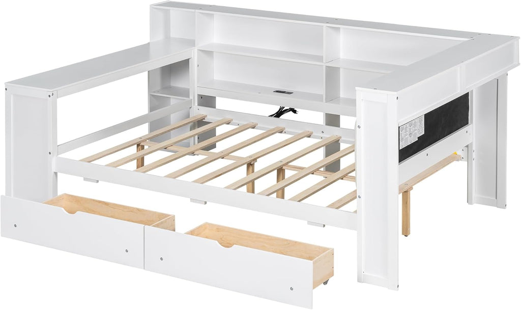Wood Full Size Daybed with Storage Shelves and Desk, L-Shaped Corner Platform Bed Frame with Upholstered Headboard and 2 Drawers for Office Living Room Bedroom, Space-saving (White-7.16, Full)