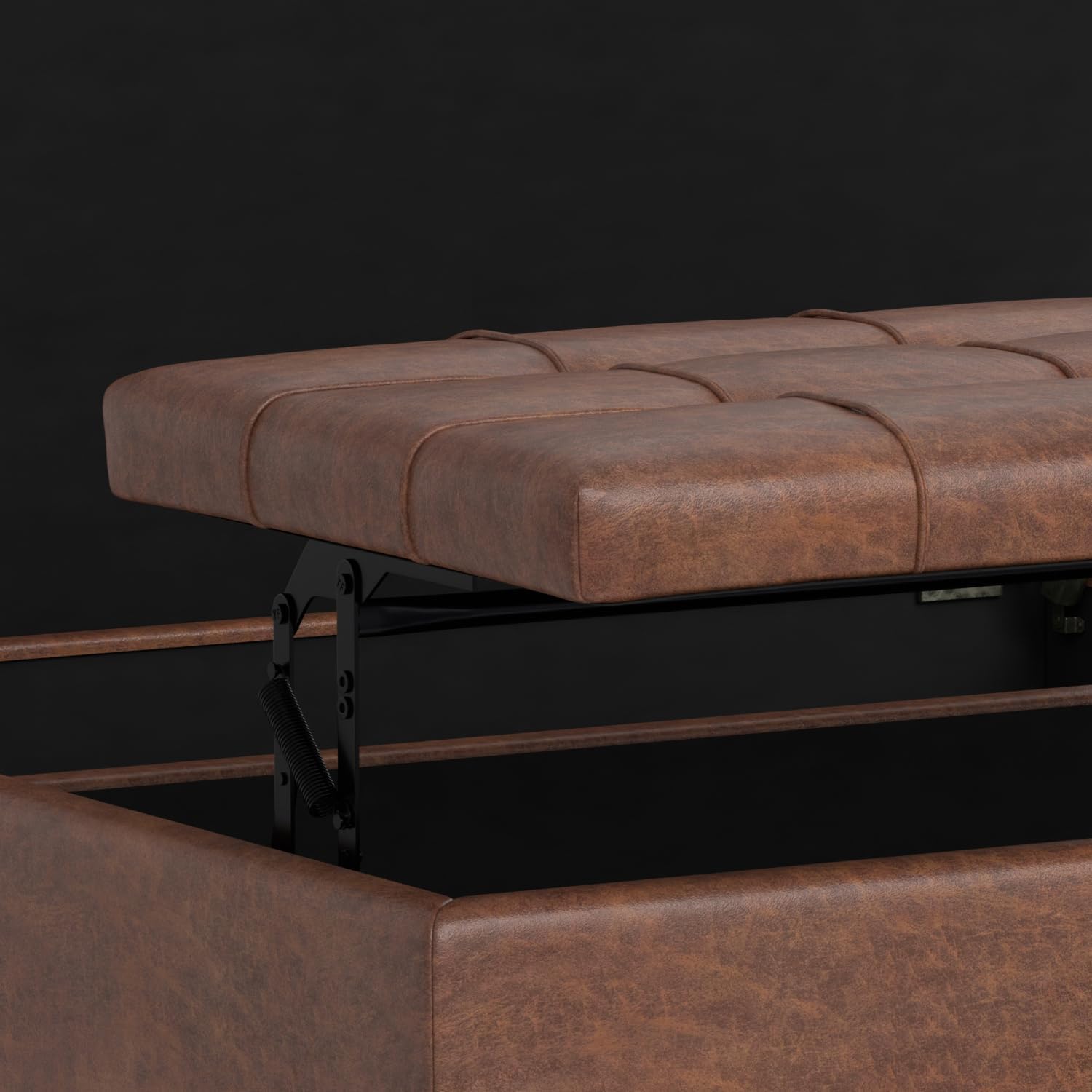 SIMPLIHOME Harrison Large Coffee Table Storage Ottoman - 40 inch Wide Upholstered Vegan Leather Square Lift-Top Ottoman in Distressed Saddle Brown, Transitional Bench for Living Room with Sturdy Base