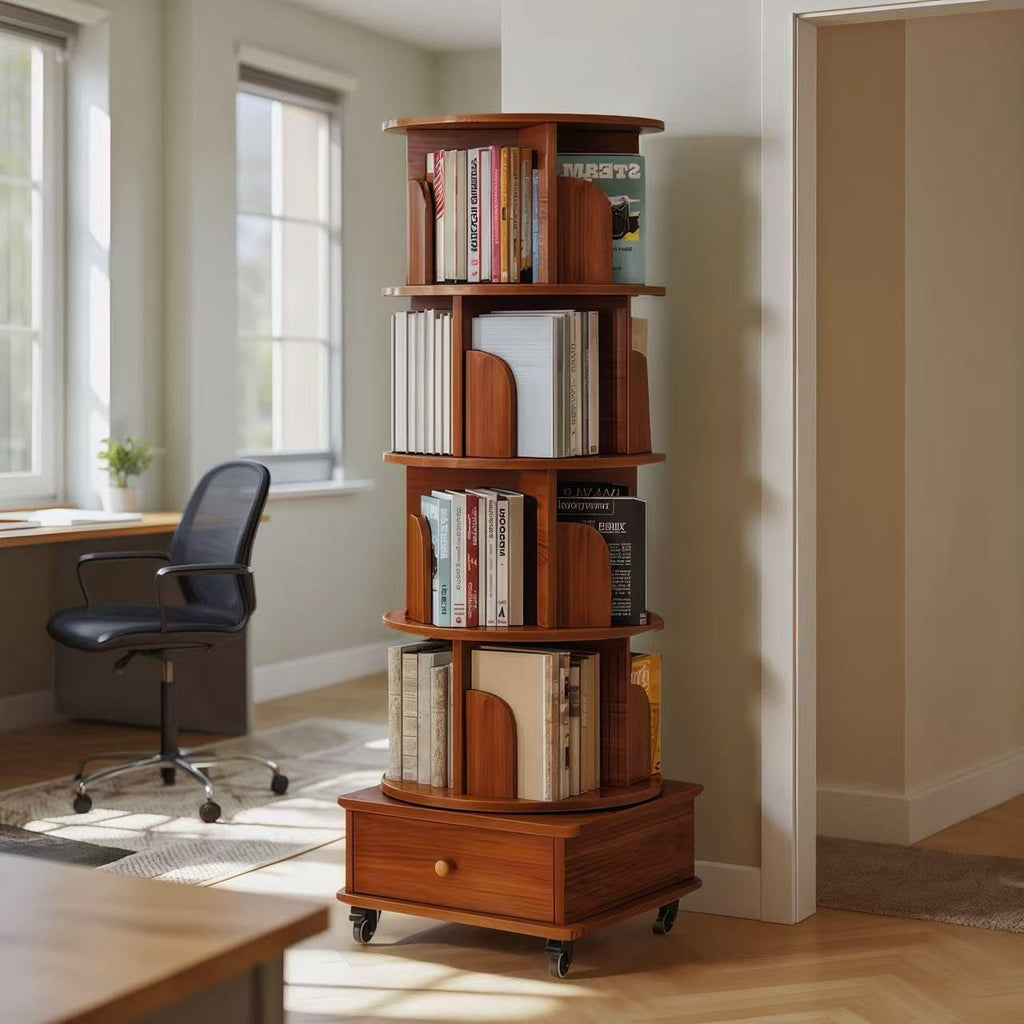 KEIKI 5 Tie Rotating Bookshelf with Drawers On Wheel, Corner Bookcase Display Shelf for Small Space, 360 Display Corner Bookshelf for Bedroom, Living Room, Study Room, Walnut Brown