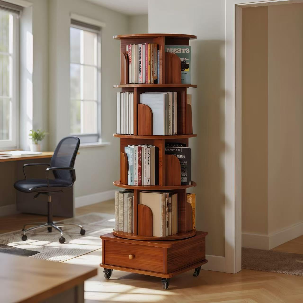 KEIKI 5 Tie Rotating Bookshelf with Drawers On Wheel, Corner Bookcase Display Shelf for Small Space, 360 Display Corner Bookshelf for Bedroom, Living Room, Study Room, Walnut Brown