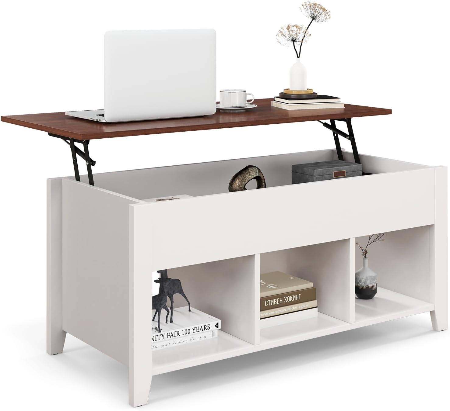 Tangkula Wood Lift Top Coffee Table, Modern Tea Storage with Hidden Compartment and Open Storage Shelf for Living Room Office Reception Room, Lift Center Table (White)