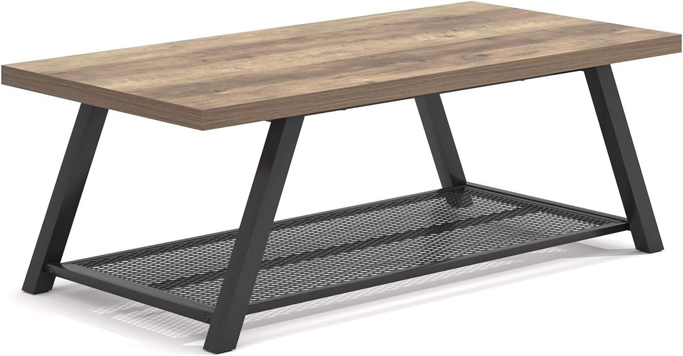 FOLUBAN Coffee Table with Storage, Modern Rustic Wood and Metal Coffee Tables for Living Room, Industrial 2-Tier Center Tea Cocktail Table, Oak, 47 Inch