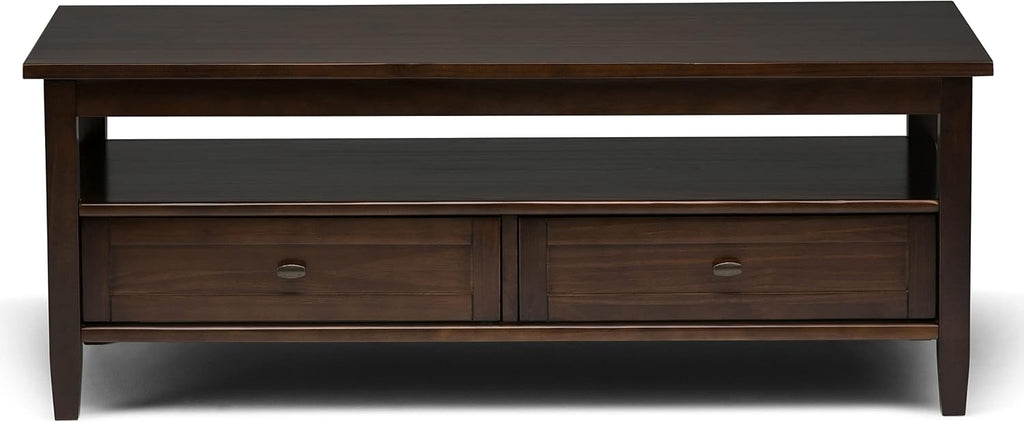 SIMPLIHOME Warm Shaker Coffee Table - 48 inch Wide Solid Wood Coffee Table in Tobacco Brown, Transitional Living Room Table with 2 Drawers, Open Shelf, Shaker Fronts and Tapered Legs