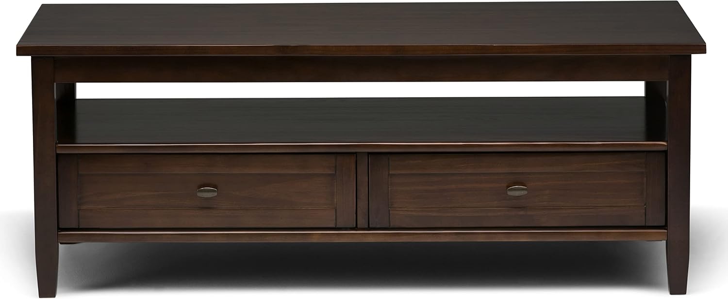 SIMPLIHOME Warm Shaker Coffee Table - 48 inch Wide Solid Wood Coffee Table in Tobacco Brown, Transitional Living Room Table with 2 Drawers, Open Shelf, Shaker Fronts and Tapered Legs