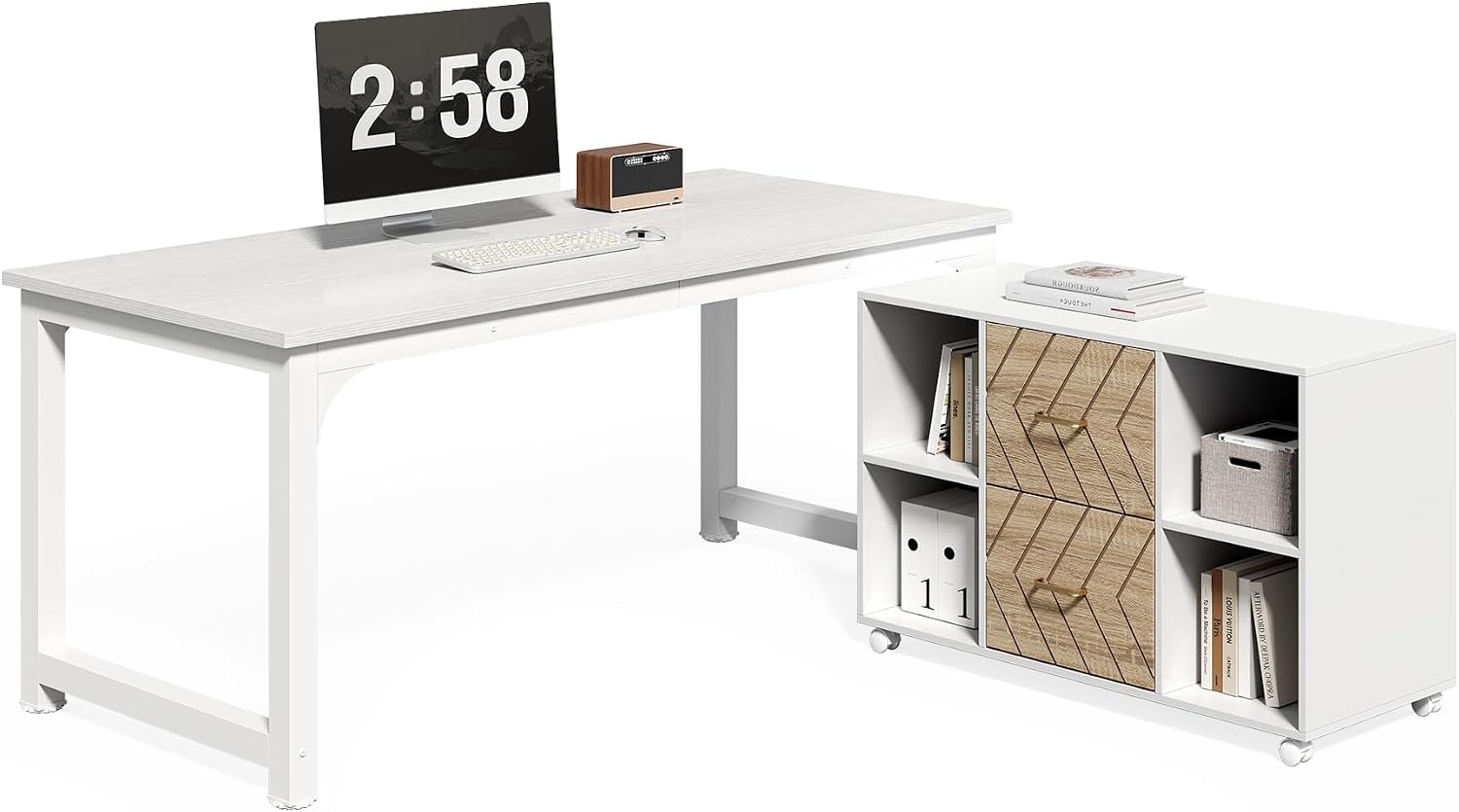 Little Tree 63-Inch L-Shaped Office Desk, Wooden Office Desk with Drawers, Large Home Office with Storage Shelf, Corner Computer Desk for Home Office, Bedroom, White