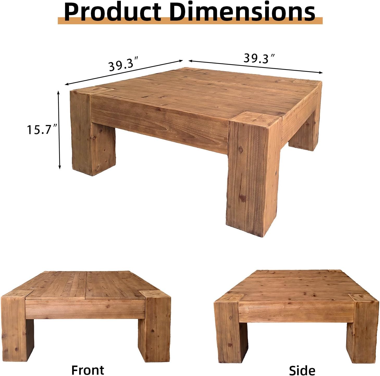 Rustic Wooden Coffee Table for Living Room, Big Square Coffee Table Mid Century Modern Center Table, Large Farmhouse Solid Wood Tea Table for Office Apartment (39.37''L × 39.37''W × 15.75''H)