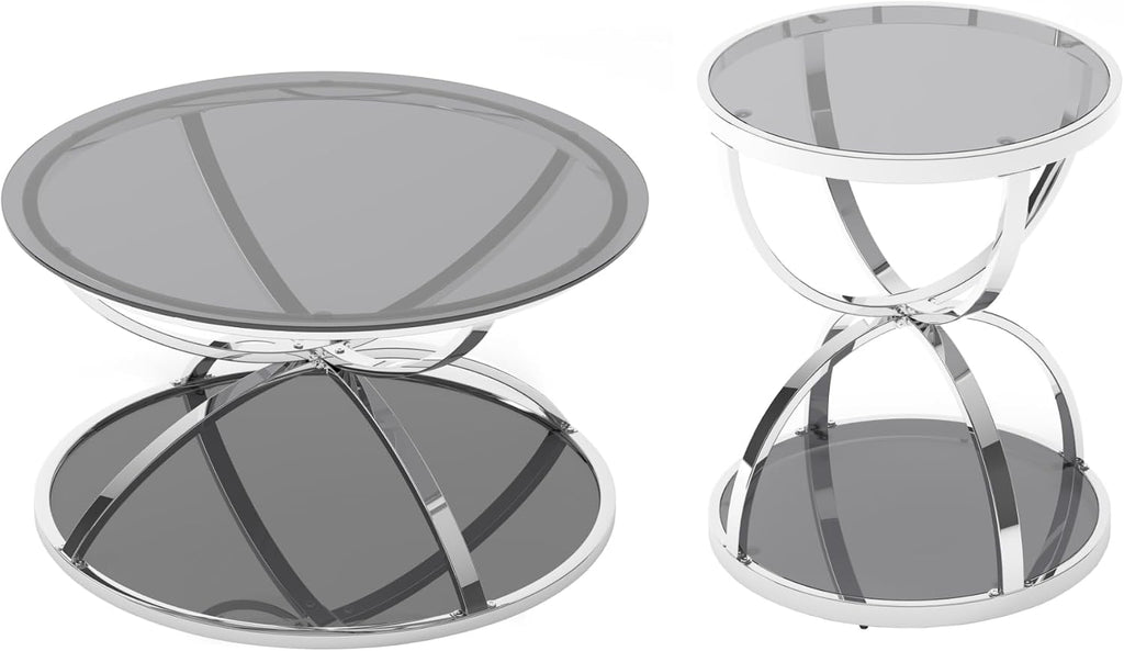 JIJIWANG 31.5' Glass Coffee Table and End Table Sets, 2 Tiers Center Table with Circular Metal Frame, Round Coffee Tables for Living Room, Bedroom, Office Silver