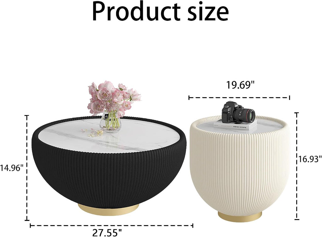 Round Coffee Table Set with Sintered Stone Tabletop, 27.56' Black Drum Center Table and 19.69' White Coffee Table Set, 2 Pieces Living Room Table Set with Fluted PU Leather Cover& Metal Base