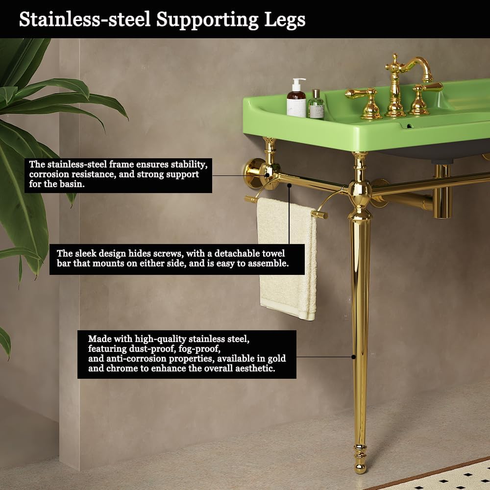 28' Bathroom Console Sink, Wall-Mounted White Ceramic Vanity Basin with 3 Pre-drilled Faucet Holes, Freestanding Gold Stainless Steel Support Legs with Towel Bar, No Faucet - Rome, Green