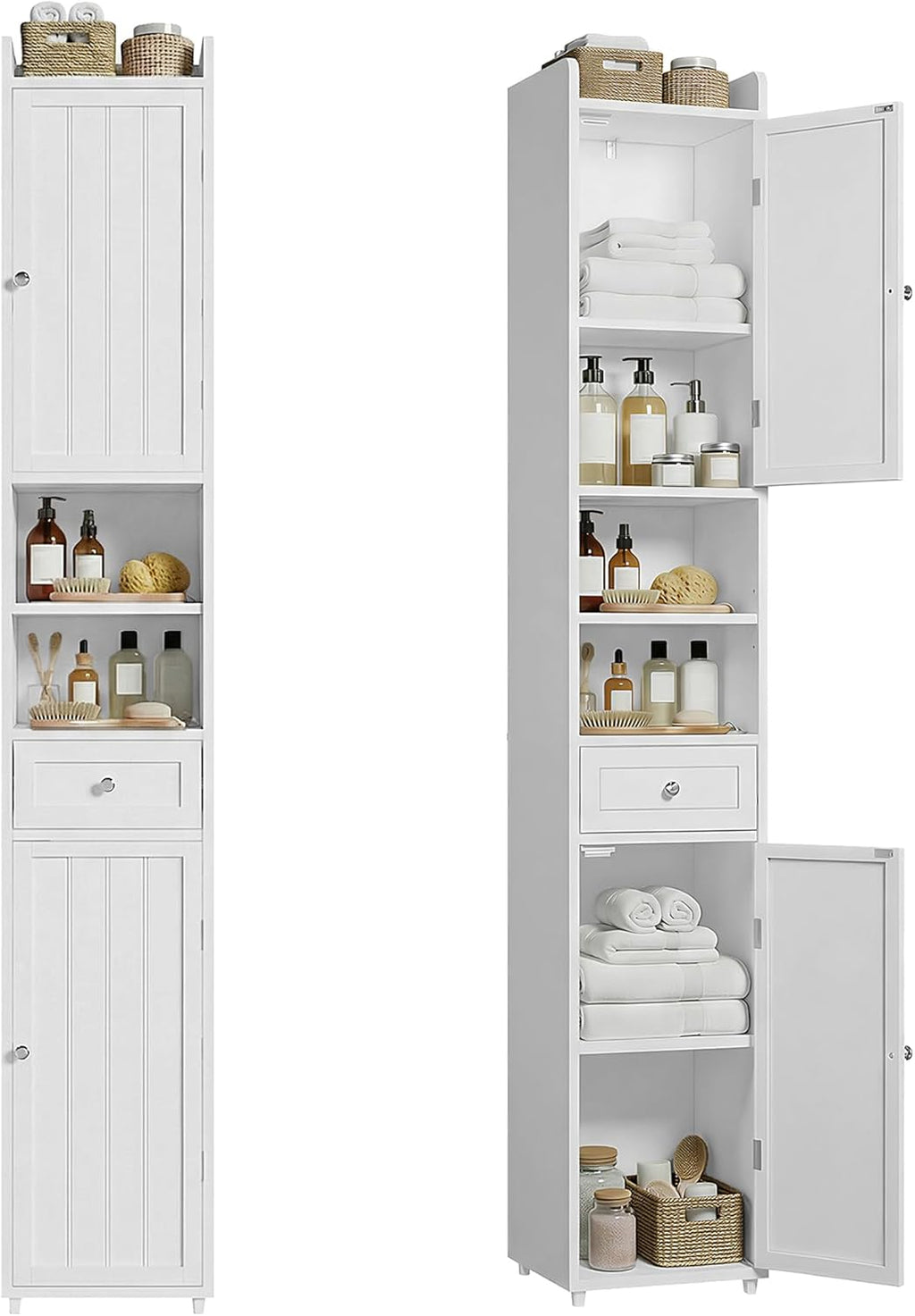 ChooChoo Bathroom Storage Cabinet with Adjustable Shelves, Tall Storage Cabinet with 2 Doors and 1 Drawer, Freestanding Cupboard for Small Spaces, White, 11.8 Inches Wide