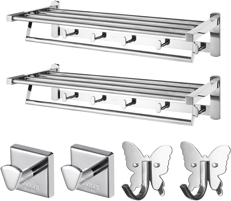 Roshan Handcrafted and Hand Polished Multi Purpose Towel Rack, Rust Proof and Peel Resistant Towel Shelf, Includes 2 Handmade Hooks (6-Piece Silver)