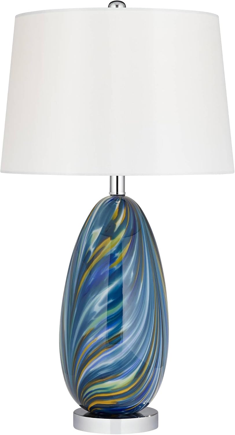 Possini Euro Design Pablo Modern Style Table Lamp with Clear Square Riser 28.5' Tall Multi Blue Art Glass White Drum Shade for Living Room Bedroom House Bedside Nightstand Home (Color May Vary)