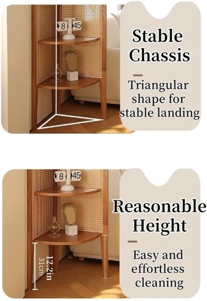 Multi-Functional Corner Shelf with Rattan Weaving, 4-Tier Floor Standing Bookshelf, Freestanding Storage Shelf for Living Room, Bedroom, and More(Beige)