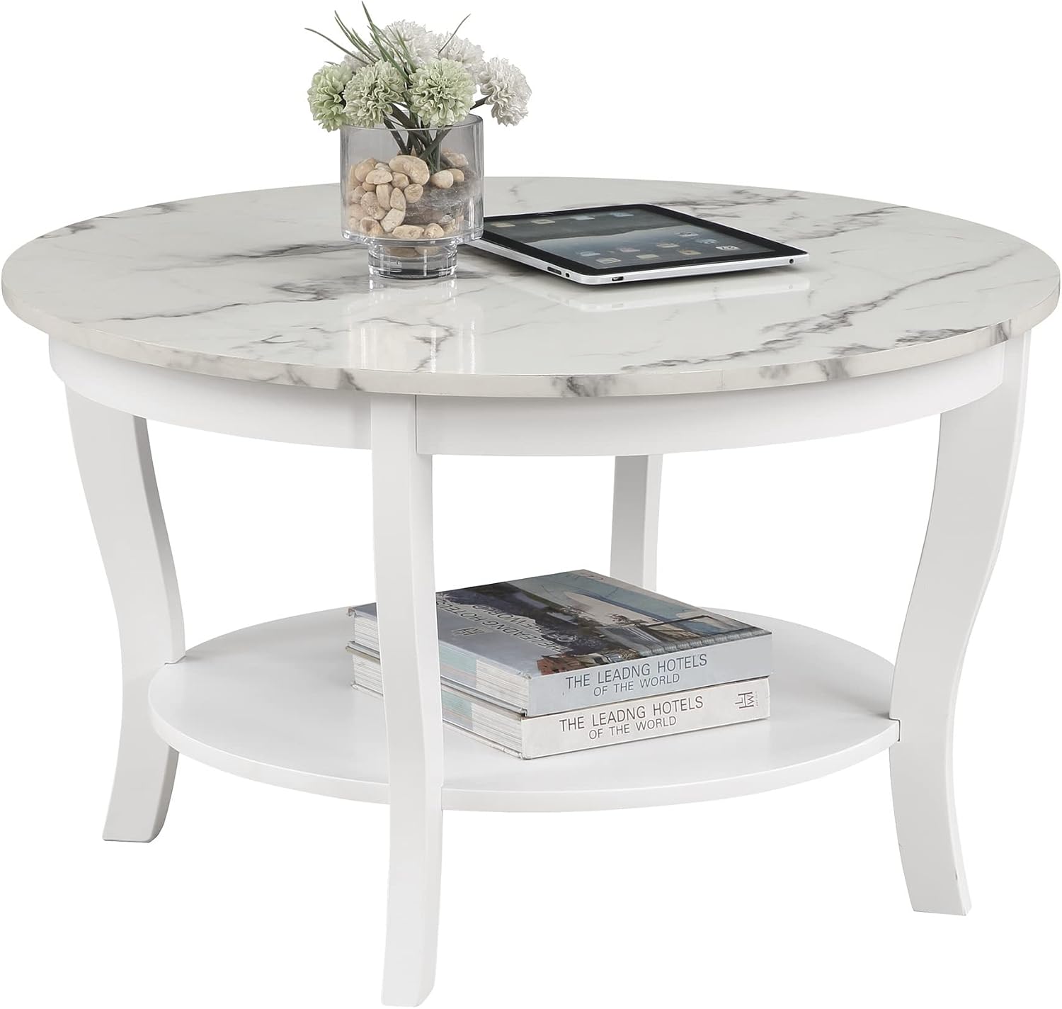 Convenience Concepts American Heritage Round Coffee Table 30' - Classic Living Room Table with Storage Shelf, Traditional Round Family Room Center Table, White Faux Marble/White