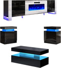 AMERLIFE 4-Piece Living Room Table Set, Includes 70 inch Fireplce TV Stand, 2-Tier Center Table with 2 End Side Tables, High Gloss Coffee Table Set, Black and White