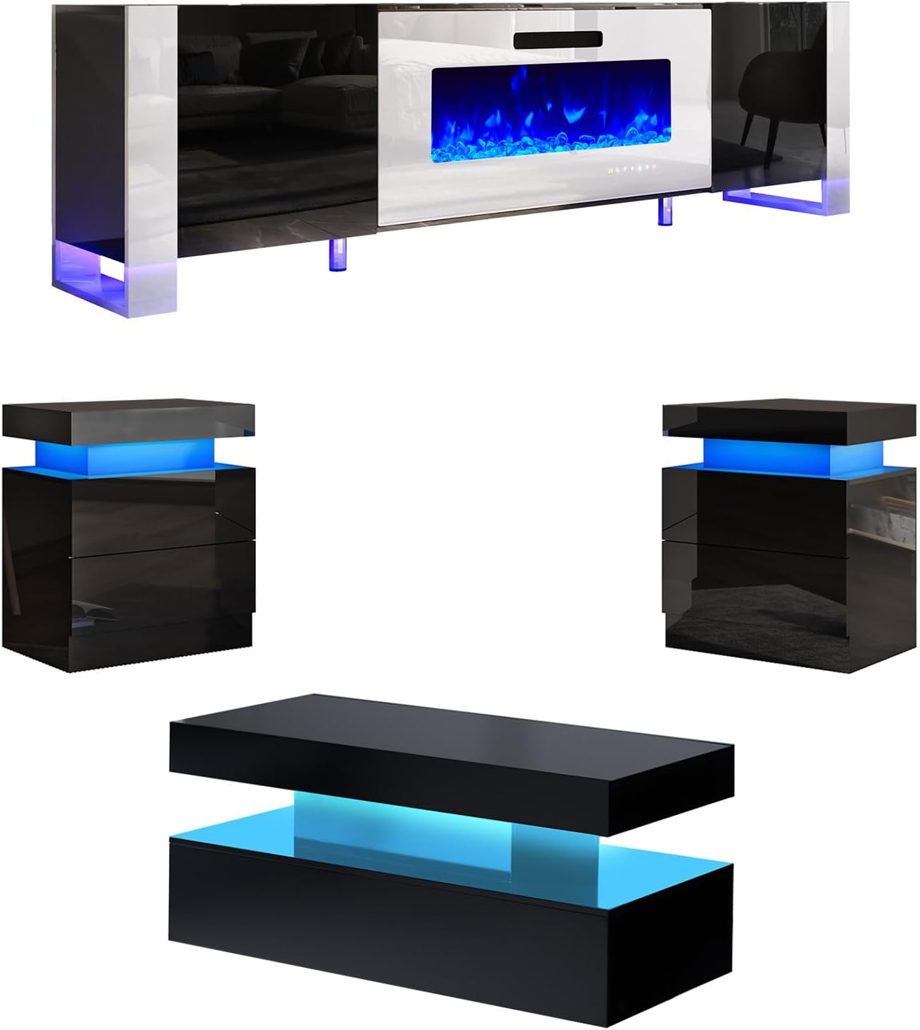AMERLIFE 4-Piece Living Room Table Set, Includes 70 inch Fireplce TV Stand, 2-Tier Center Table with 2 End Side Tables, High Gloss Coffee Table Set, Black and White