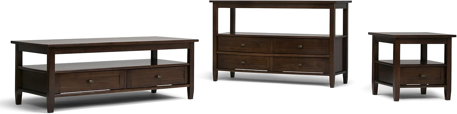 SIMPLIHOME Warm Shaker Coffee Table - 48 inch Wide Solid Wood Coffee Table in Tobacco Brown, Transitional Living Room Table with 2 Drawers, Open Shelf, Shaker Fronts and Tapered Legs