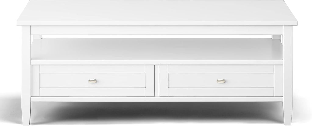 SIMPLIHOME Warm Shaker Coffee Table - 48 inch Wide Solid Wood Coffee Table in White, Transitional Living Room Table with 2 Drawers, Open Shelf, Shaker Fronts and Tapered Legs