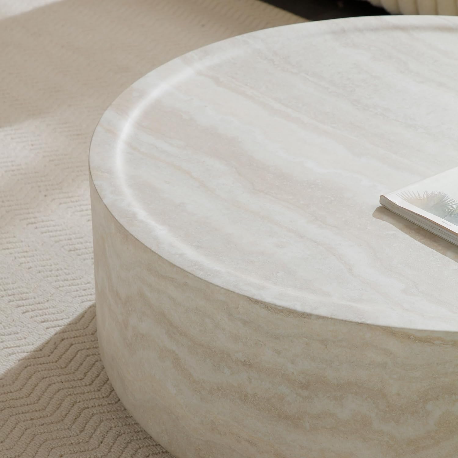 31.49' Faux Marble Coffee Table for Living Room, Travertine Stone Pattern Modern Drum Circle Round Center Table for Living Room, Apartment, Office, Fiberglass, No Assembly, Beige