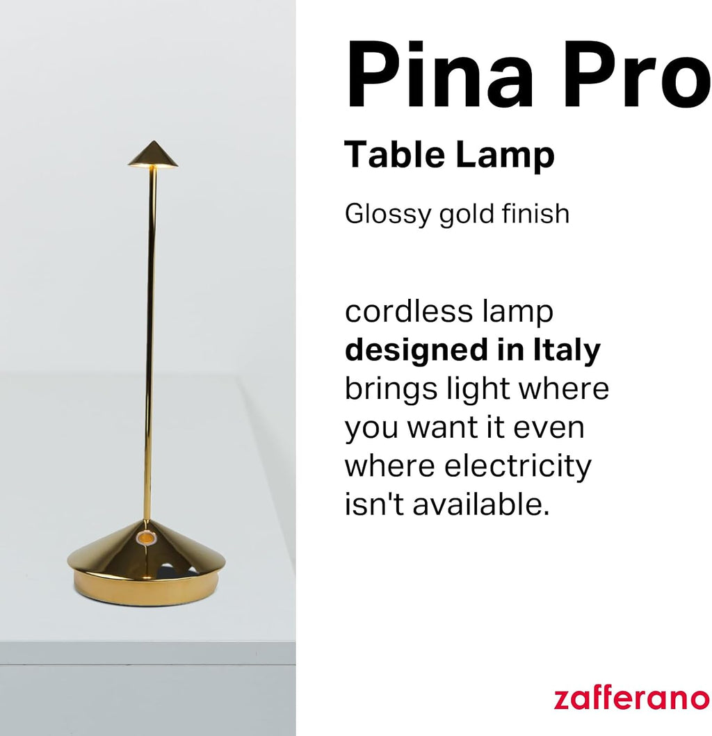 Zafferano, Pina Pro Lamp with Glossy Gold Finish, Rechargeable Cordless Table Lamp with Touch Controls, Usable as an Indoor Lamp, Dimmer, 2200-3000 K, Height 11.4 Inches