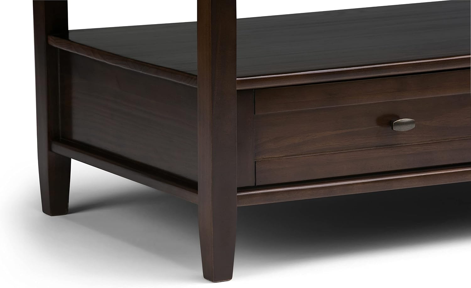 SIMPLIHOME Warm Shaker Coffee Table - 48 inch Wide Solid Wood Coffee Table in Tobacco Brown, Transitional Living Room Table with 2 Drawers, Open Shelf, Shaker Fronts and Tapered Legs