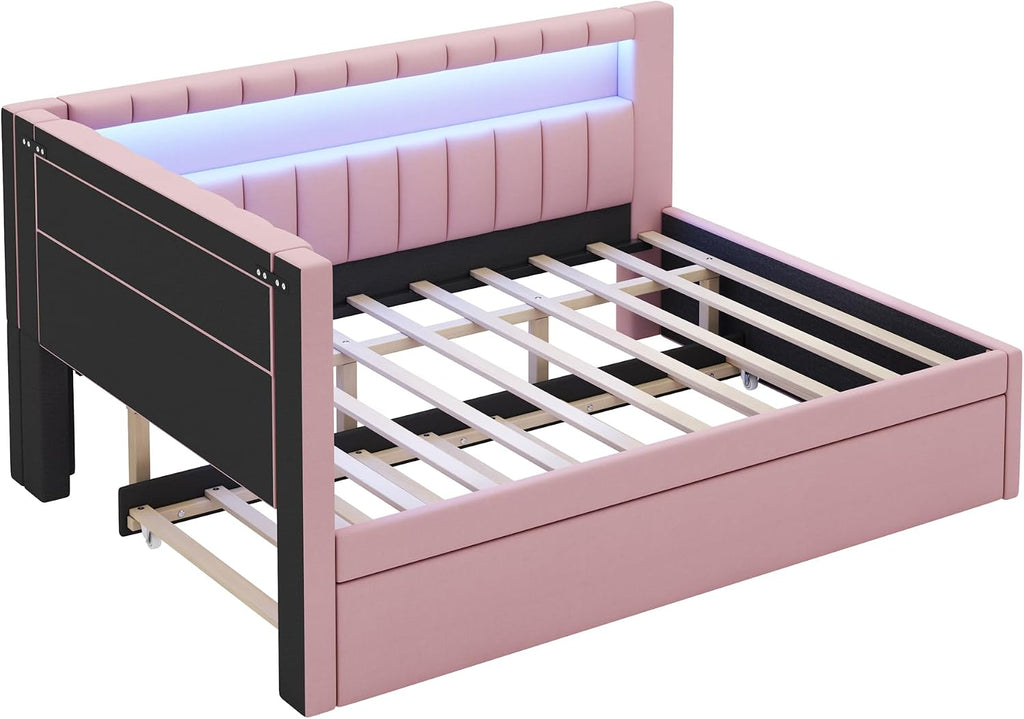Full Size Upholstered Daybed with Trundle and LED, USB-Ports, L-Shaped Corner Unit Sofa Day Bed Frame with Storage Bookshelf, Girls, Kids, Adults, Boys, Pink