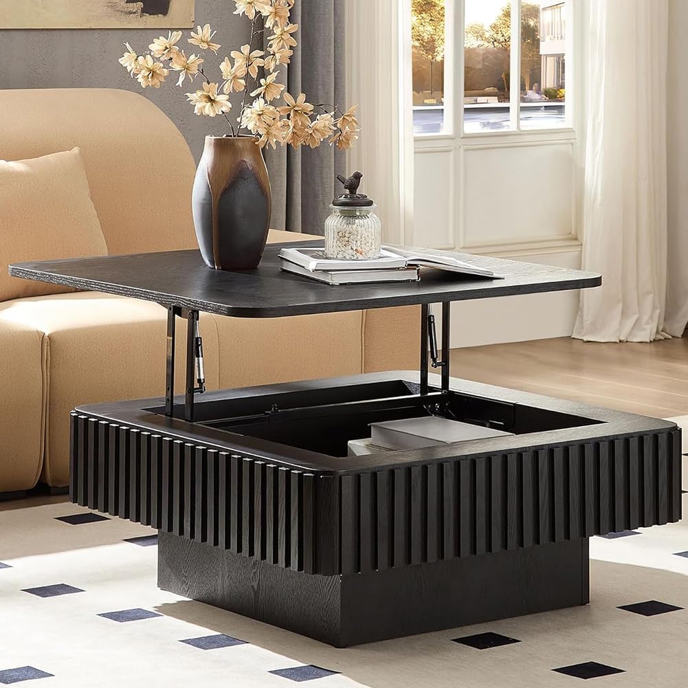 35.43'' Square Coffee Table with Lifting Top for Living Room Lift Top Coffee Table with Storage Larger Fluted Coffee Tables Modern Smart Center Tables for Apartment Black Wood