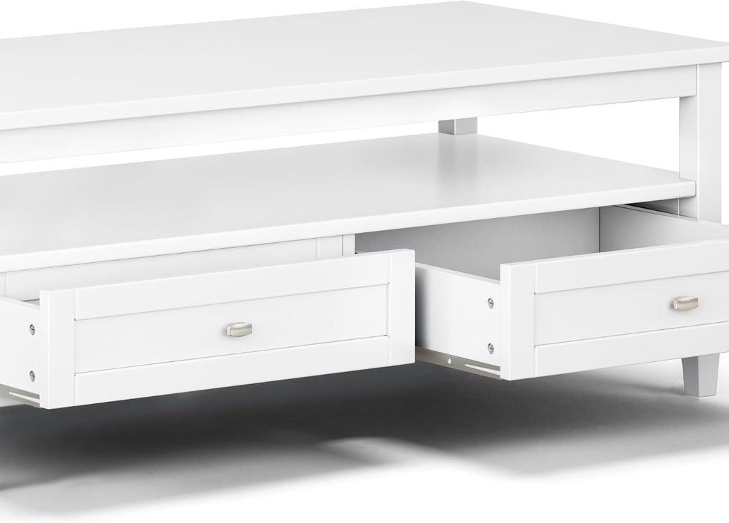 SIMPLIHOME Warm Shaker Coffee Table - 48 inch Wide Solid Wood Coffee Table in White, Transitional Living Room Table with 2 Drawers, Open Shelf, Shaker Fronts and Tapered Legs