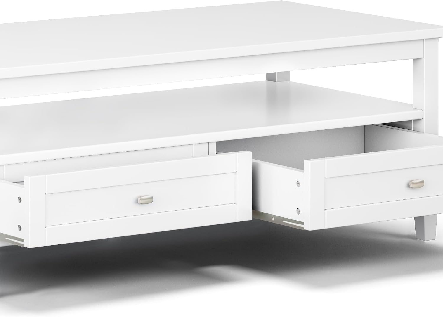 SIMPLIHOME Warm Shaker Coffee Table - 48 inch Wide Solid Wood Coffee Table in White, Transitional Living Room Table with 2 Drawers, Open Shelf, Shaker Fronts and Tapered Legs