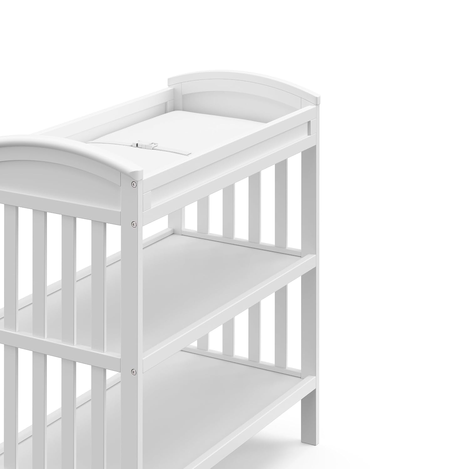 Graco Benton Changing Table with Bonus Water-Resistant Changing Pad (White) - GREENGUARD Gold Certified, Includes Diaper Change Pad with Safety Strap, 2 Open Storage Shelves for Organizing