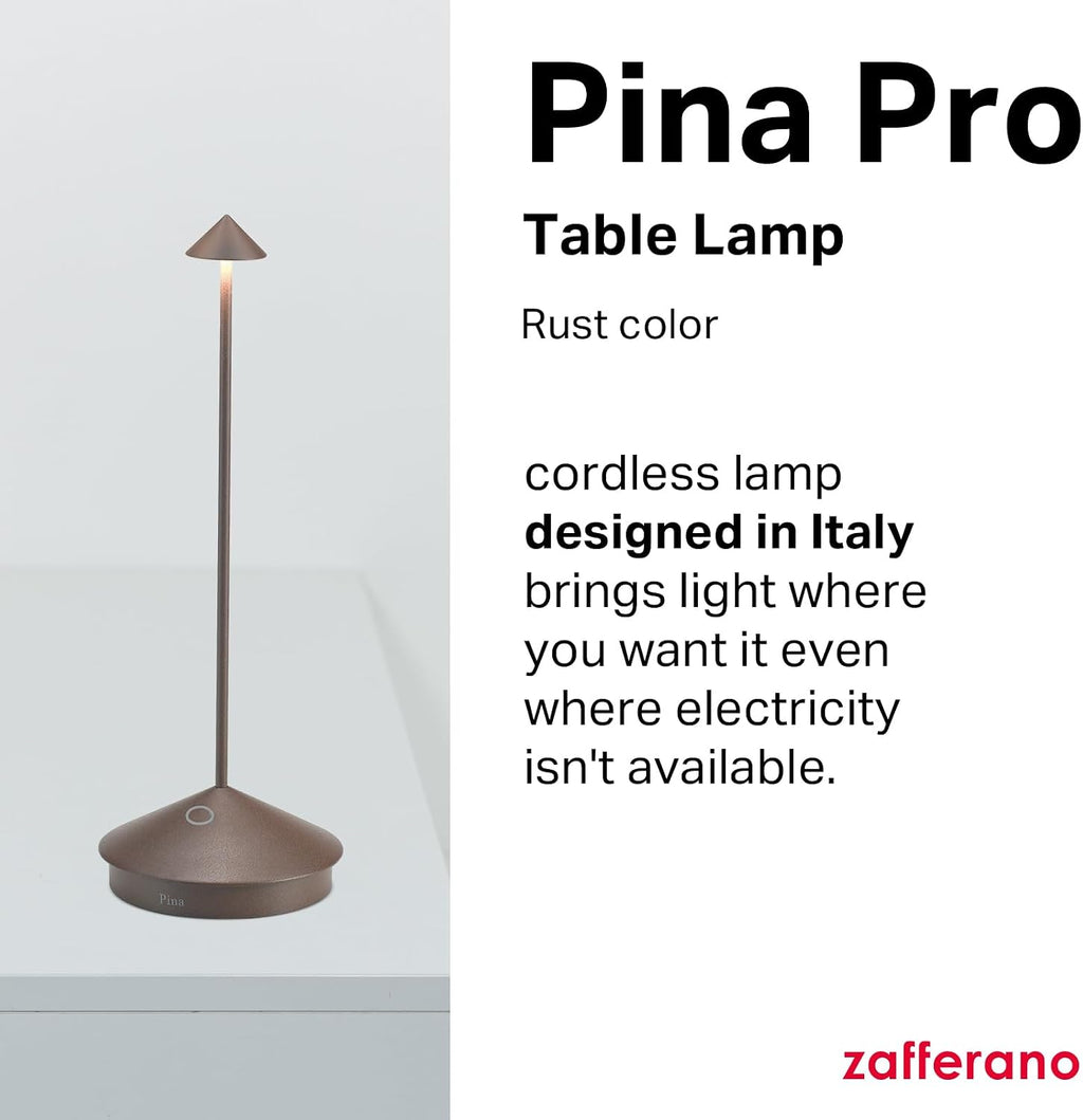 Zafferano, Pina Pro Lamp, Rechargeable Cordless Table Lamp with Touch Controls, Suitable for Indoor and Outdoor, Dimmer, 2200-3000 K, Height 11.4 Inches, Rust Color