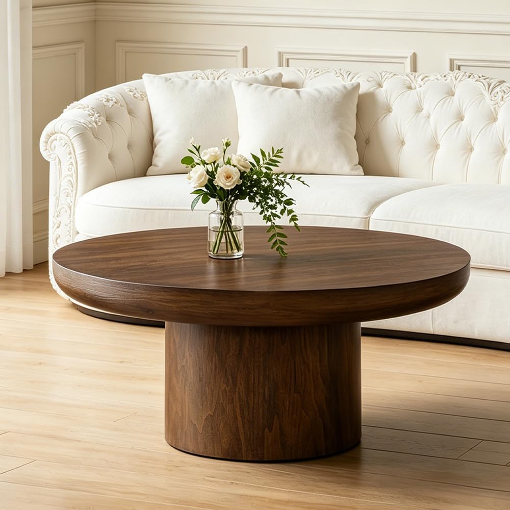 WILLIAMSPACE 35.98' Round Coffee Table with Cylindrical Base, Modern Wood Drum Center Table, Accent Side End Table for Living Room Apartment, φ35.98'*15.98'H (Dark Brown)
