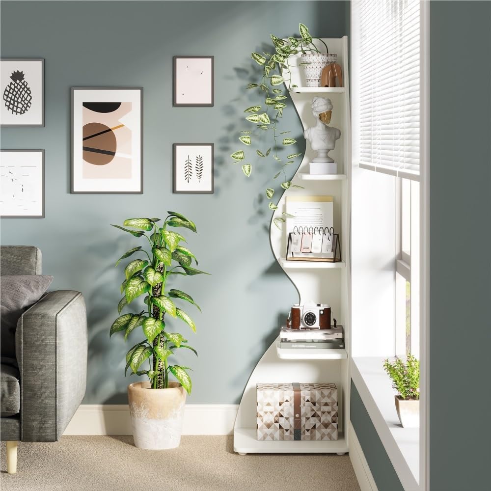 Vertical Bookshelf Tower, Narrow Corner Bookcase, Space-Saving Storage Shelf, Indoor Display Cabinet, Spine Bookshelf, Floor-Standing Corner Shelf for Bedroom(Gray)